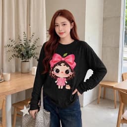 Áo thun giấy cổ tròn dài tay form rộng in hoạ tiết cô gái nơ hồng xinh  TG NTO58 7 9