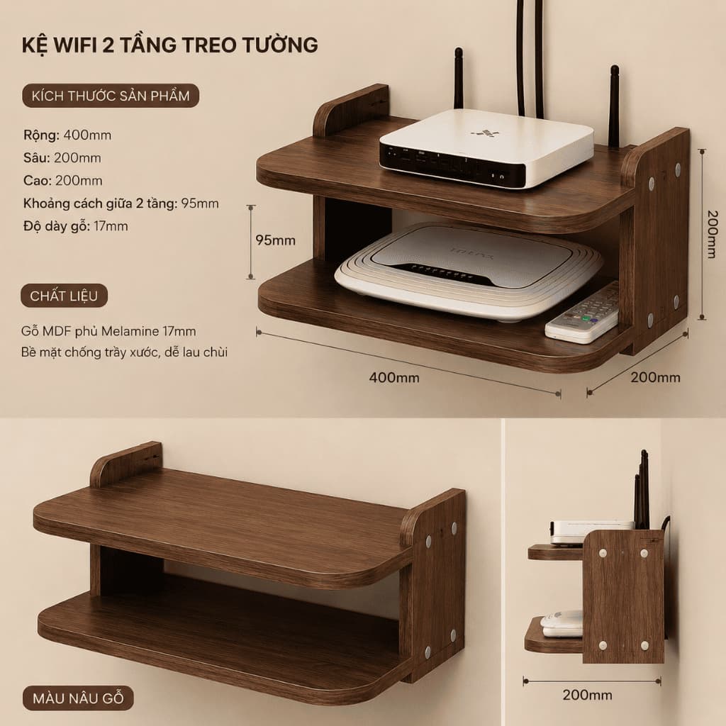 KỆ WIFI TREO TƯỜNG 2 TẦNG MDF PHỦ MELAMINE 17MM – KỆ MODEM WIFI, ĐẦU THU TRUYỀN HÌNH MÀU NGẪU NHIÊN LUX14