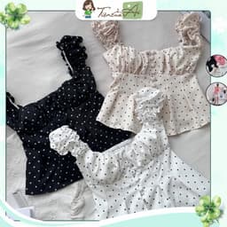 (Có Mút) Áo Kiểu Nữ Cánh Tiên Nút Bọc Cotton Lạnh Hoạ Tiết Trơn/Chấm Bi Xẻ Bụng Lưng Bo Chun 1