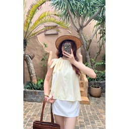 Áo Kiểu Nữ Cổ Yếm Thắt Nơ Hoạ Tiết Chấm Bi Form Rộng Dễ Thương 7