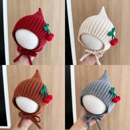 M174 Mũ Len Trùm Đầu Có Dây Buộc Giữ Ấm Mùa Đông Cho Bé, Mũ Len Cho Bé Đính Quả Cherry Dễ Thương 3m -2 tuổi 2
