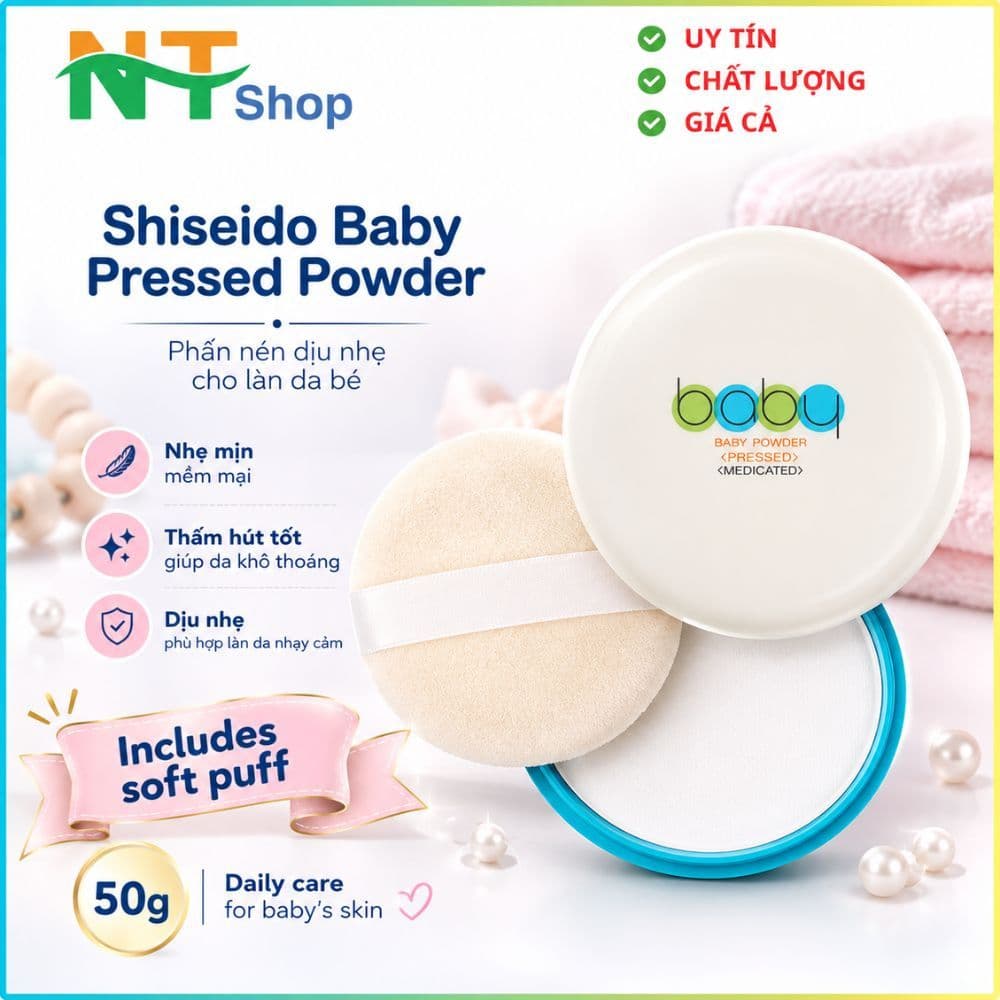 Phấn Nén Shiseido Baby Pressed Powder 50g Nội Địa Nhật -  Phấn Rôm Cho Bé - Phấn Kiềm Dầu Cho Mẹ