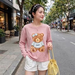 Áo thun cổ tròn tay dài form rộng chất thun giấy xước mỏng mât in gấu cài nơ  TG BEGAU 7 2