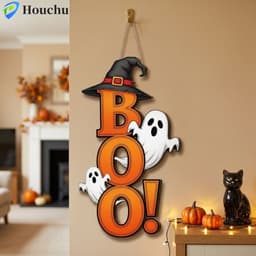 HOUCHU Halloween Ma Mặt Dây, Gỗ 2D Flat Ma Phù Thủy Mũ Móc Treo Cửa, Trang Trí Ngày Lễ Gothic Dày Gỗ Chắc Chắn Có Dây BOO Thư Trang Trí Tường Trang Trí Nhà 1
