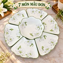 Bộ Bát Đĩa Hoa Mặt Trời 45cm Cao Cấp, Gốm Sứ Trắng Viền Xanh, Họa Tiết Hoa Mẫu Đơn Sang Trọng, Bộ Đồ Ăn Gia Đình 8