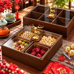 Khay Đựng Bánh Kẹo Mứt Tết 4 Ngăn 6 Ngăn Cao Cấp, Hộp Gỗ Màu Óc Chó Nắp Trong Suốt, Tượng Hươu Vàng Sang Trọng 2