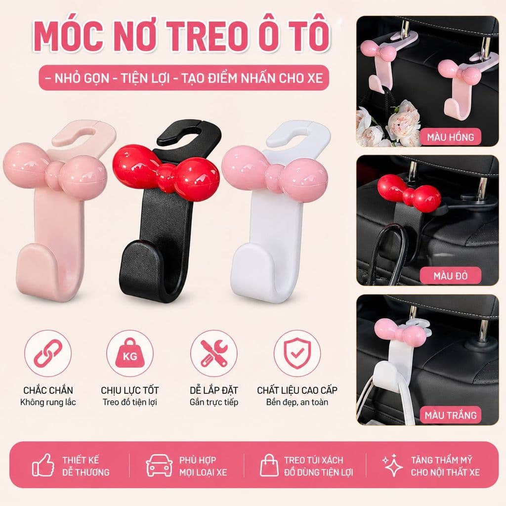 Móc NƠ TREO  Ghế SAU Ô Tô, Thiết Kế Thắt Nơ Dopamine, Đựng Đồ Nội Thất, Phụ Kiện Xe Hơi