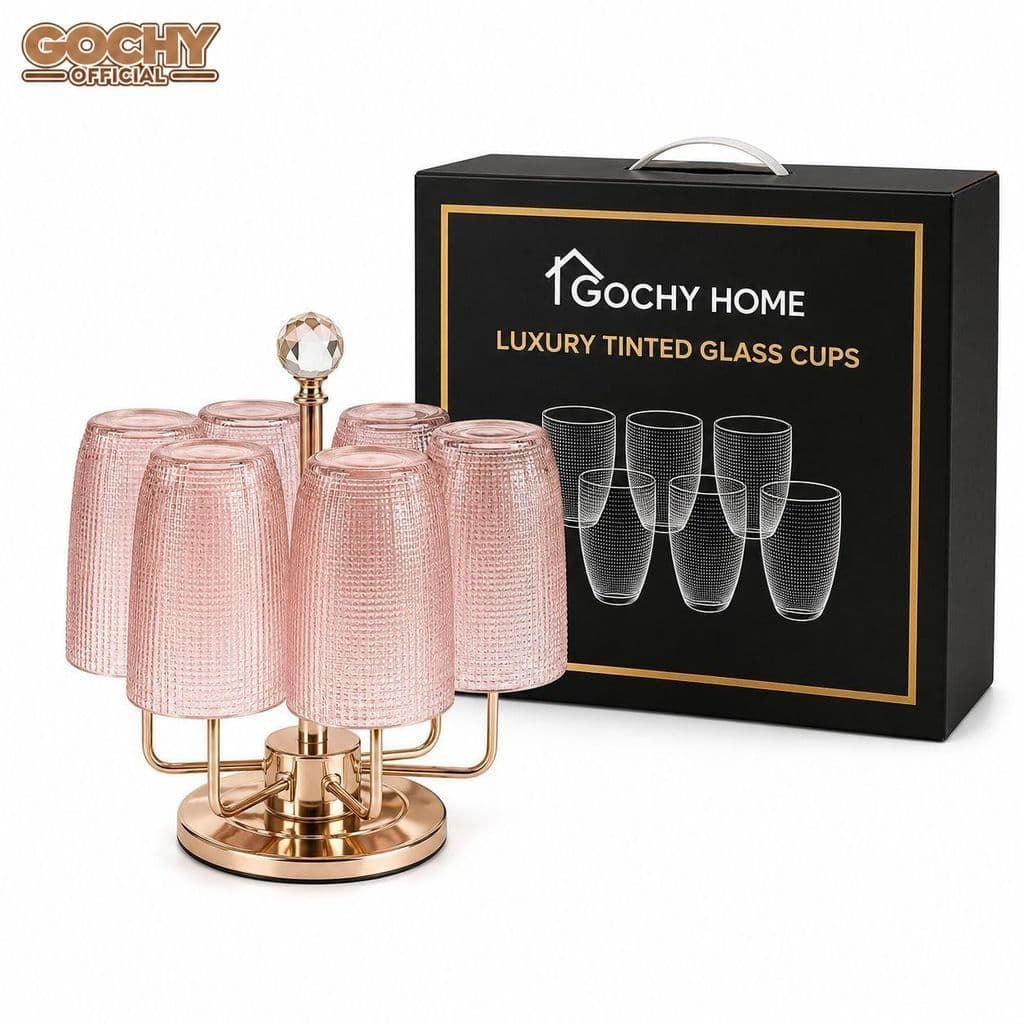 Bộ 6 cốc thủy tinh Vân Lưới Dập Nổi  Màu Hồng Sang Trọng Dung Tích 320ml- Tặng Kèm Hộp Đựng Sang Trọng