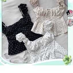 (Có Mút) Áo Kiểu Nữ Cánh Tiên Nút Bọc Cotton Lạnh Hoạ Tiết Trơn/Chấm Bi Xẻ Bụng Lưng Bo Chun - Fashion 73 1