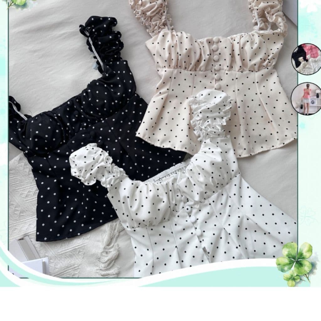 (Có Mút) Áo Kiểu Nữ Cánh Tiên Nút Bọc Cotton Lạnh Hoạ Tiết Trơn/Chấm Bi Xẻ Bụng Lưng Bo Chun - Fashion 73