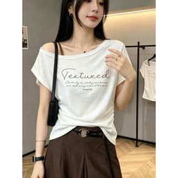 Áo thun kiểu lệch vai ngắn tay phối dây vai in chữ thời trang nữ phong cách năng động TNV01 4