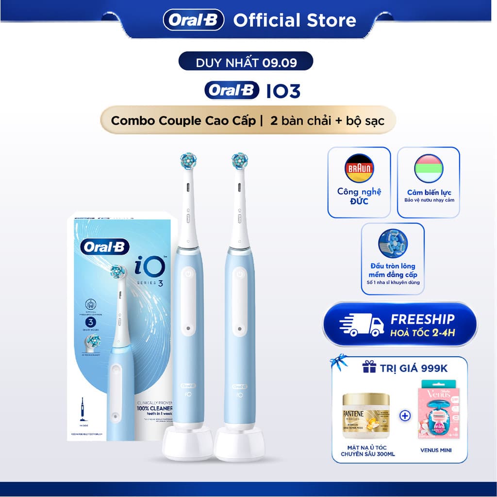 Combo Couple 2 Bàn Chải Điện Oral B Chính Hãng IO3 Cao Cấp Và 2 Đầu Thay Thế, Công Nghệ Chuyển Động 360 Độ - Sạch Sâu
