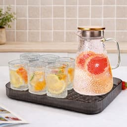 Bộ Bình Cốc Thủy Tinh Họa Tiết Giọt Nước Cao Cấp, Bình Có Quai Cầm Kèm 6 Ly, Kèm Khay Sang Trọng – Bộ Bình Ly Tiếp Khách 7