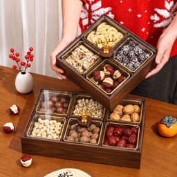 Khay Đựng Bánh Kẹo Mứt Tết 2027 Cao Cấp 6 Ngăn, Hộp Gỗ Màu Óc Chó Nắp Trong Suốt Núm Hươu Vàng Sang Trọng 3