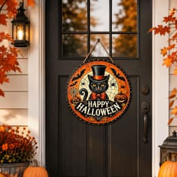 LINSBAYWU Trang trí cửa Halloween, Trang trí tường phẳng 2D bằng gỗ, Nghệ thuật treo tường Ma bí ngô mèo phù thủy hình tròn treo trang trí tiệc Halloween 5