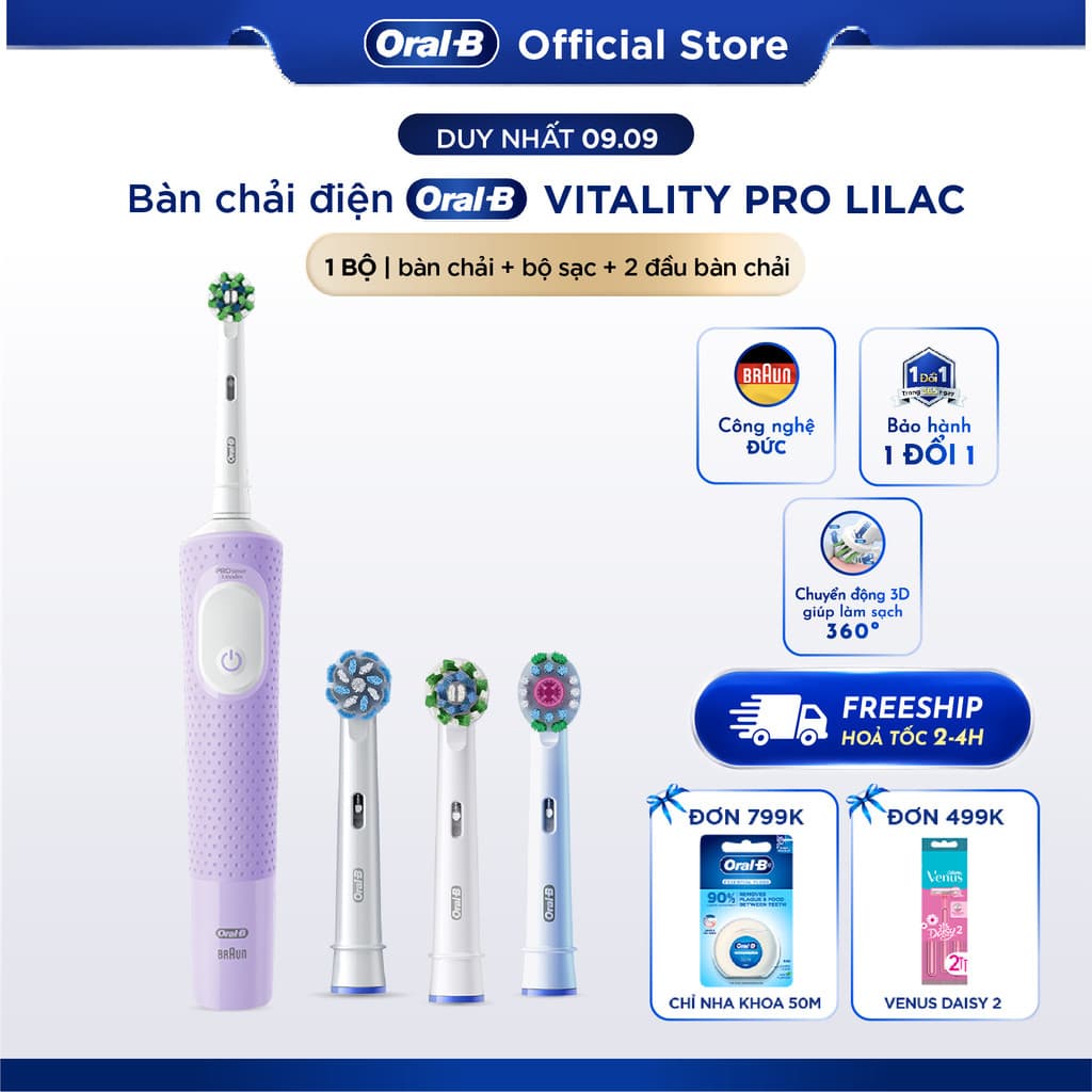 [KOL] [MUA 1 TẶNG 2] Mua 1 Bàn Chải Điện ORAL-B Vitality Pro Lilac TẶNG Set 2 Đầu Bàn Chải Sạch Sâu