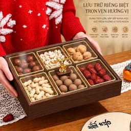 Hộp Đựng Bánh Kẹo Mứt Tết 2027 Sang Trọng, Khay Gỗ Melamine 4 Ngăn 6 Ngăn Màu Óc Chó Kèm Hũ Viền Vàng, Nắp Mica Trong 7