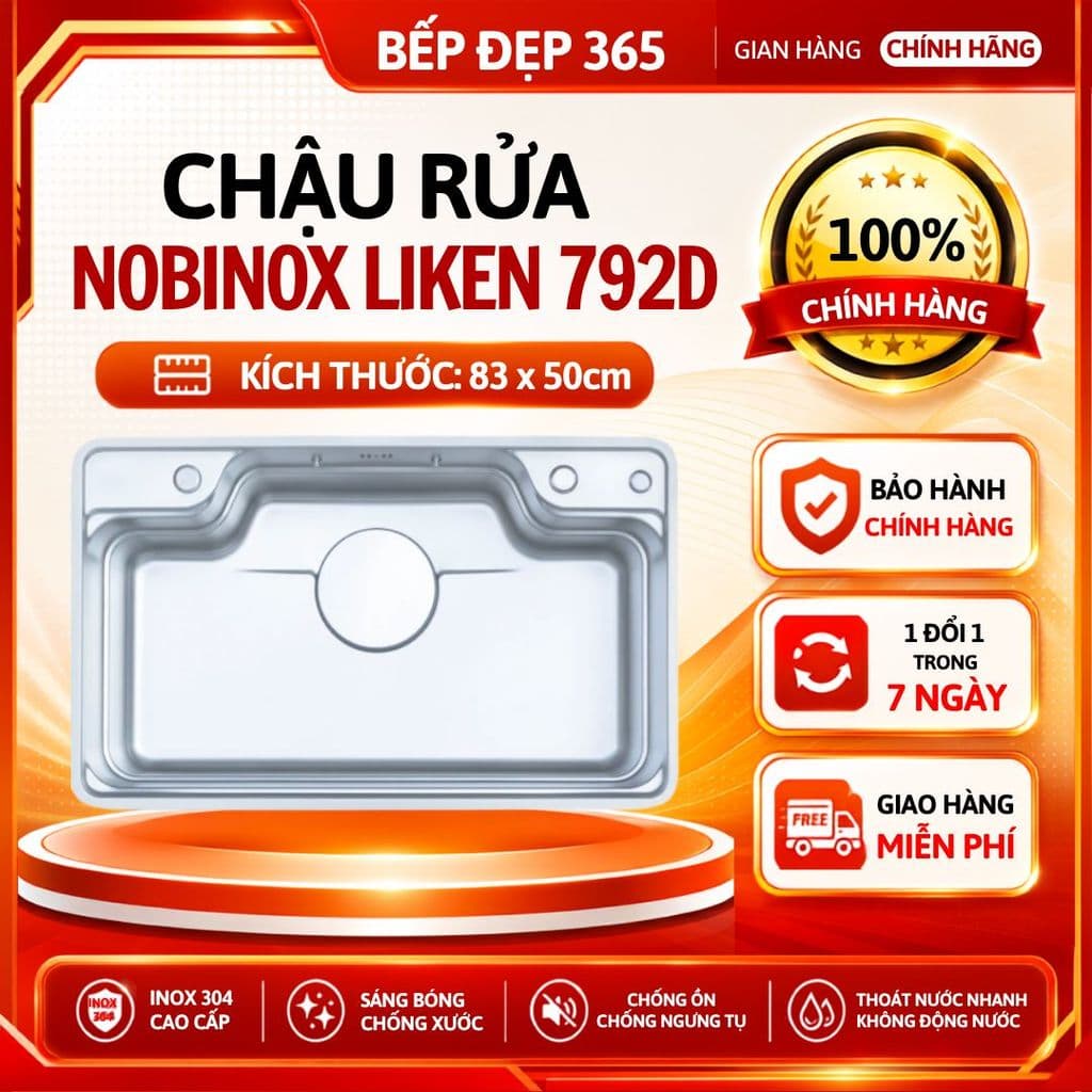 CHẬU RỬA BÁT 1 HỐ NOBINOX LIKEN NL792D CHÍNH HÃNG | KÍCH THƯỚC 83X50CM | BỀ MẶT MỊN