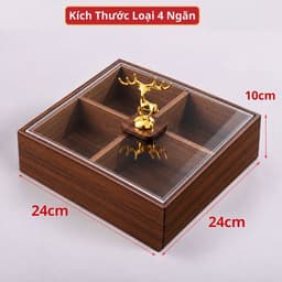 Khay Đựng Bánh Kẹo Mứt Tết 2027 Cao Cấp 6 Ngăn, Hộp Gỗ Màu Óc Chó Nắp Trong Suốt Núm Hươu Vàng Sang Trọng 7