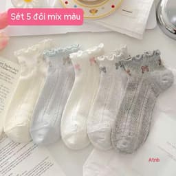 Set 5 Đôi Tất Cổ Thấp Viền Bèo Thêu Nơ Xinh Xắn ( tất nơ cổ thấp) A.T 7