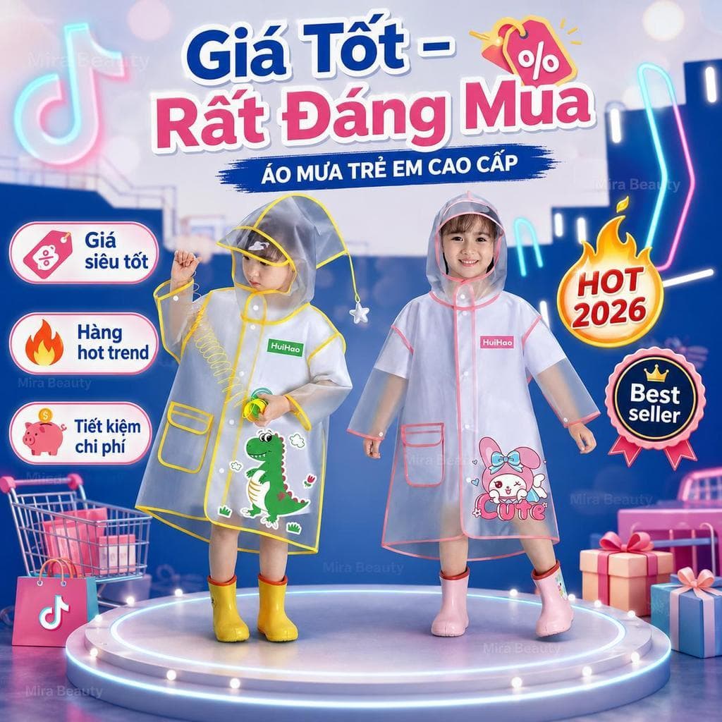 Áo Mưa Trẻ Em Trong Suốt Có Mũ, Chống Thấm Cho Bé Trai Bé Gái, Họa Tiết Khủng Long Thỏ Hồng Dễ Thương (SIZE M-L-XL-XXL)