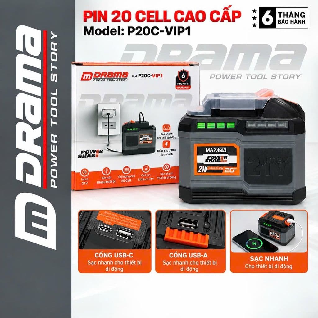 Phụ kiện 20 Cell DRAMA P20C-VIP1– Điện áp 21V, Có Cổng USB-A, USB-C, Hỗ trợ sạc nhanh, Chân pin M21