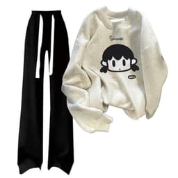 Sét bộ thu đông Quần dài  ống rộng dây bản to màu đen +  áo SWEATER dài tay cổ tròn màu xám tiêu-cờ mỹ 1