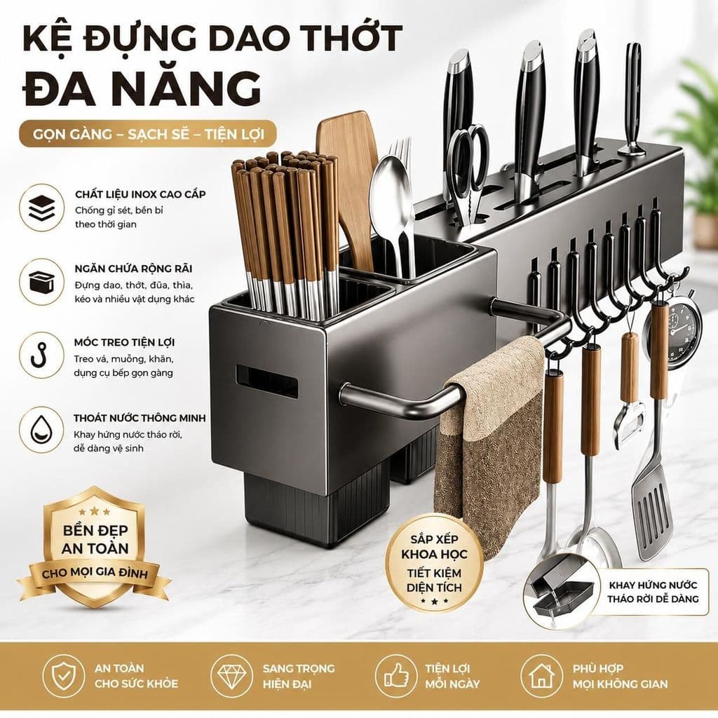 KỆ DAO THỚT ĐA NĂNG GẮN TƯỜNG BẰNG KIM LOẠI MẠ SƠN TĨNH ĐIỆN – GIÁ THAM KHẢO KỆ KHÔNG