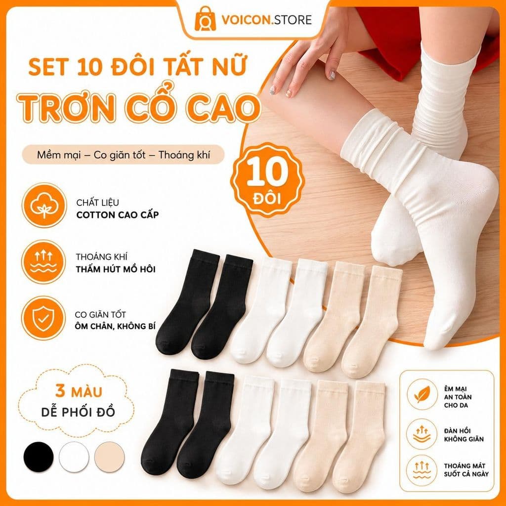 T10 Set 10 đoi Tất cổ cao paster nữ trơn cao cấp 3 màu loại dày dặn, vớ cao cổ nữ phong cách hàn quốc VOICON-[TV01]