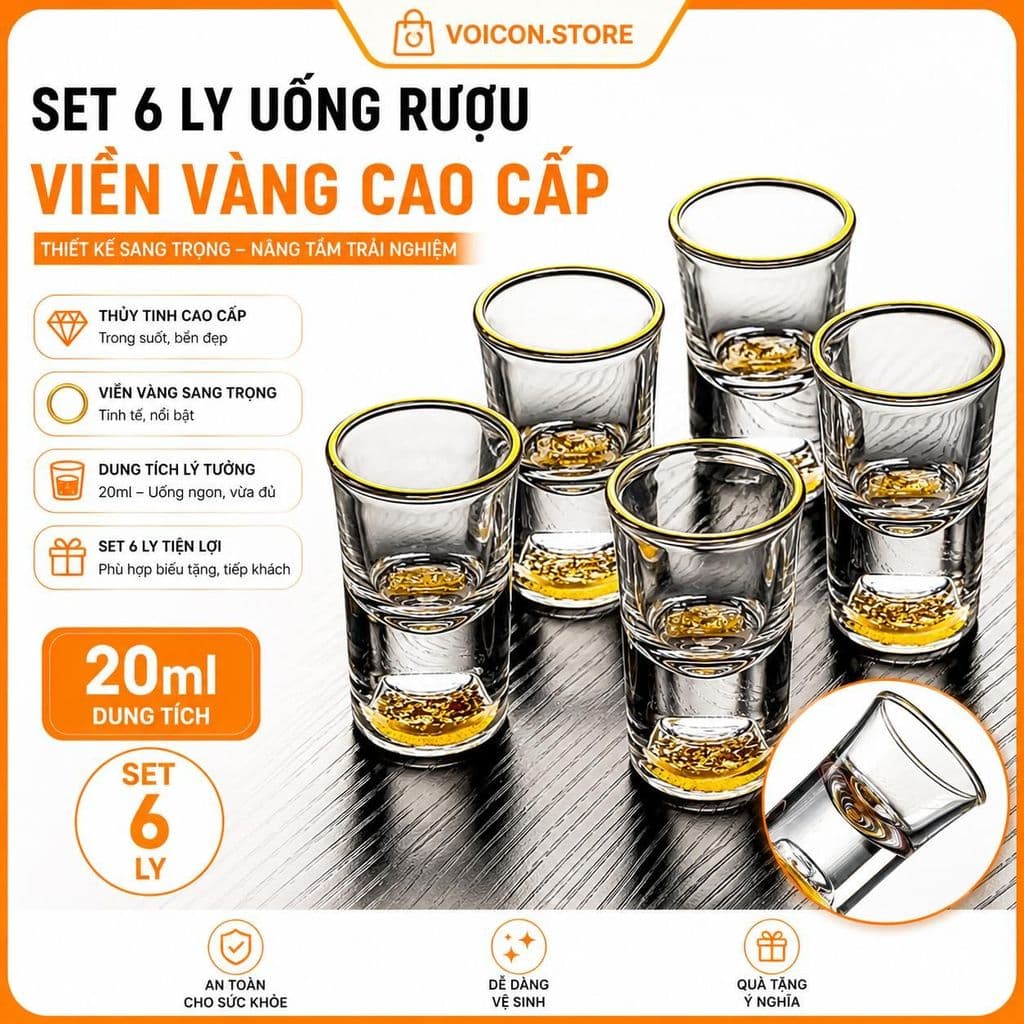 Bộ 6 chén trắng bằng vàng lá cao cấp cho sử dụng tại nhà, chia rượu pha lê cá nhân hóa, ly rượu miệng nhỏ,VOICON-[DA66]