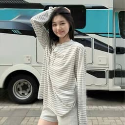 Áo Thun Giấy Dài Tay Cho Nữ Cổ Trụ Chất Liệu Cotton Giấy Kẻ Sọc Form Rộng Co Giãn Thoáng Mát Phong Cách Hàn Quốc 7