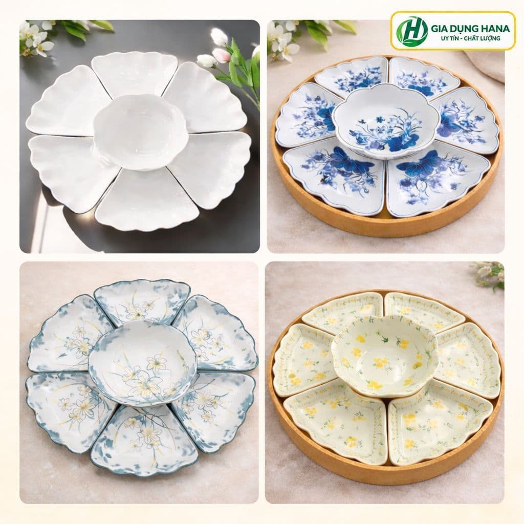 Bộ Bát Đĩa Hoa Mặt Trời 7 Món Gốm Sứ Cao Cấp, Nhiều Mẫu Nấm Nâu – Viền Đen – Mai Vàng – Hoa Sen, Bộ Đĩa Bày Mâm Cơm 45CM