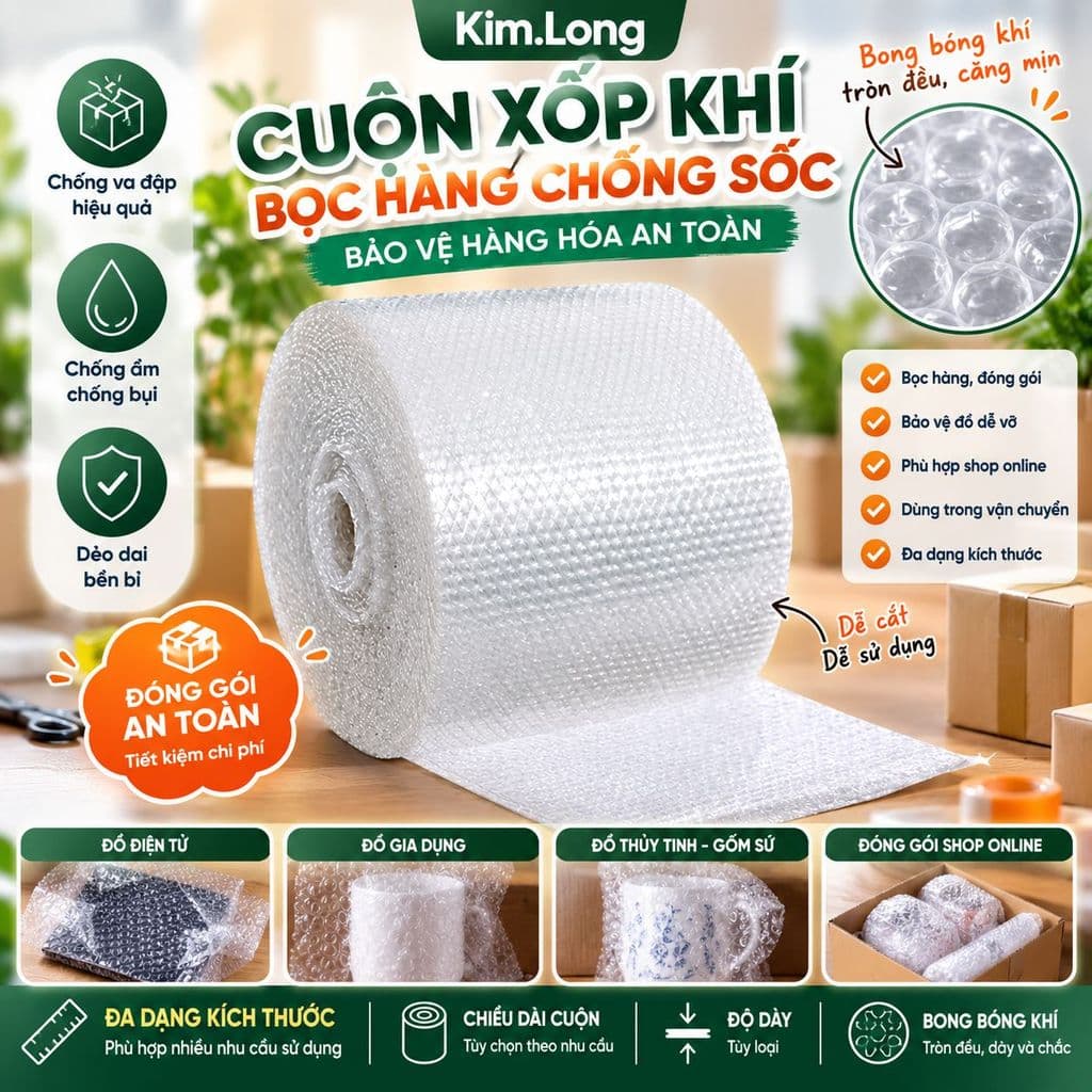 Xốp Chống Sốc Xốp Khí Nổ Đóng Gói Bảo Vệ Sản Phẩm 28x35x46cm, dài 100m  :