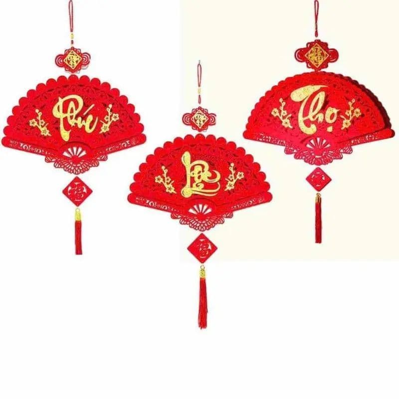 Set 3 Khánh Quạt Nhung Chữ PHÚC - LỘC - THỌ Treo Trang Trí Tết