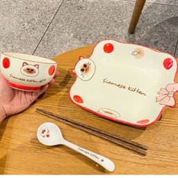 Set Bát Đĩa 5 Món Họa Tiết Mèo Đỏ May Mắn Chất Liệu Gốm Sứ Cao Cấp 5