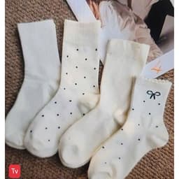 Sét 10 Đôi Tất Nơ Chấm Bi Màu Trắng Be Pastel Cổ Cao Cho Các Bạn Nữ 4