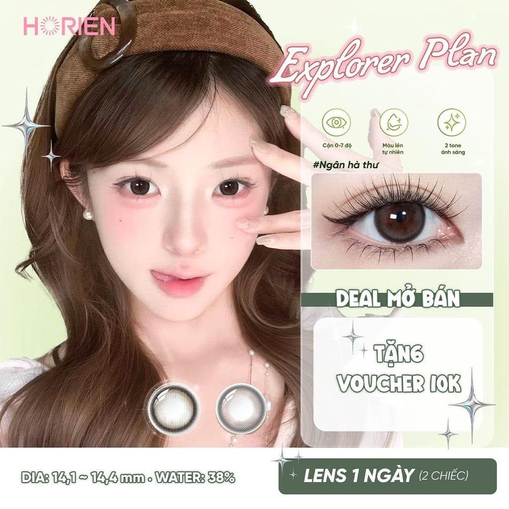 Lens Màu HORIEN Explorer Plan 1 Ngày 2 Chiếc – Kính Áp Tròng Cận 0–7 Độ, DIA 14.1–14.4mm, GDIA 13.4–13.5mm, Ẩm Mượt 38%