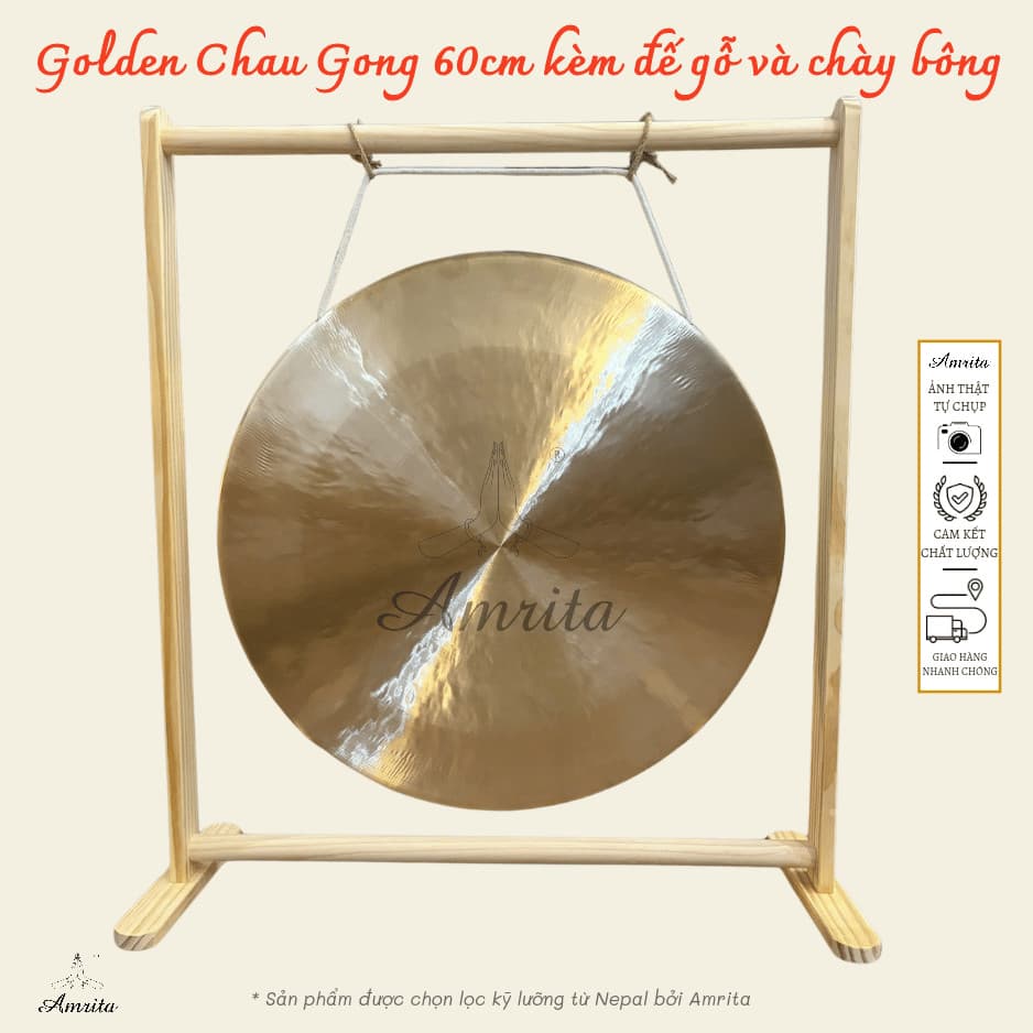 [Amrita] [Hàng Sẵn] Golden Chau Gong 60cm kèm đế gỗ và chày bông - CXNP532