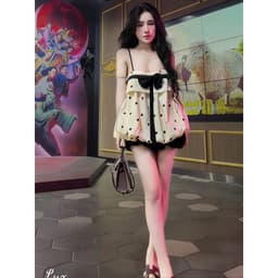 Set Bộ Nữ Gồm Áo Hai Dây Dáng Babydoll Họa Tiết Chấm Bi Phối Nơ Đen Mix Quần Short Dáng Bí Phồng Bồng Bềnh - Usmark 3