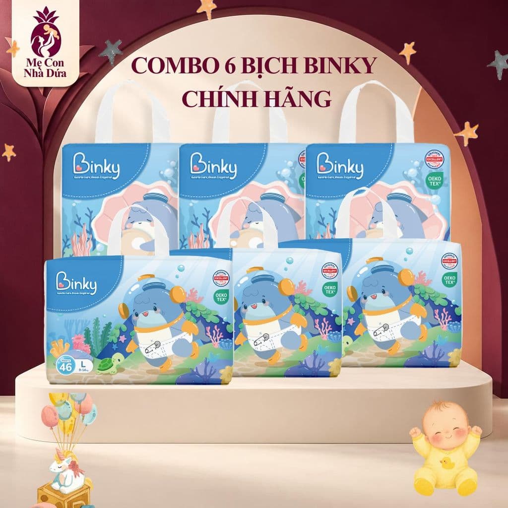 Combo 6 bịch Tã/bỉm Binky Quần/Dán size NB62/S58/M54/M50/L46/XL44/2XL40/3XL36