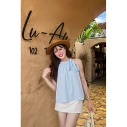 Áo Kiểu Nữ Cổ Yếm Thắt Nơ Hoạ Tiết Chấm Bi Form Rộng Dễ Thương - Fashion 73 5