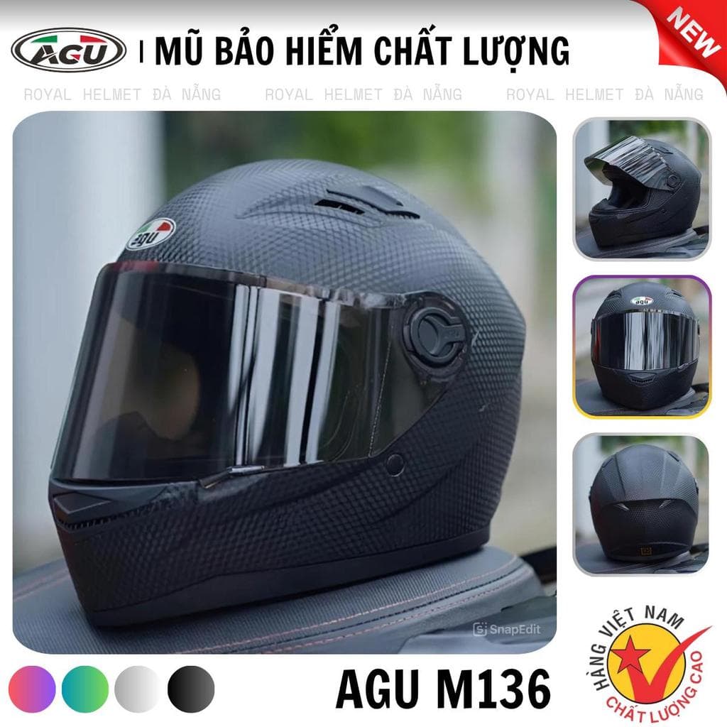 (Fullface) Mũ Bảo Hiểm AGU - Màu Đen Carbon, Bảo Hành 1 Năm + Túi Đựng Sang Trọng Helmet mubaohiem chinh