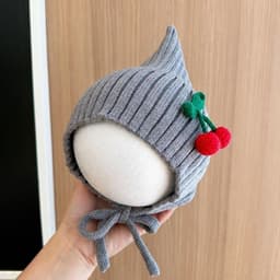 M174 Mũ Len Trùm Đầu Có Dây Buộc Giữ Ấm Mùa Đông Cho Bé, Mũ Len Cho Bé Đính Quả Cherry Dễ Thương 3m -2 tuổi 7