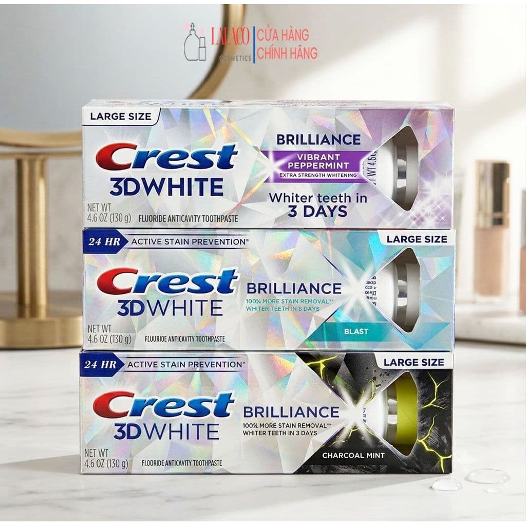 Kem đánh răng Crest 3D White Brilliance Vibrant Peppermint/Blast/Charcoal Trắng Răng Bảo Vệ Men Răng 130g