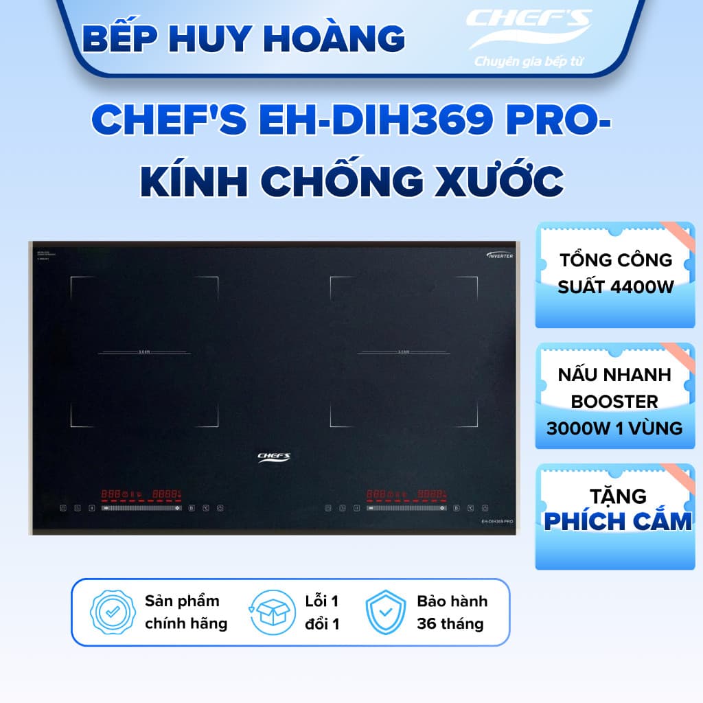Bếp từ đôi Chefs EH-DIH369 PRO, Mặt kính chống xước, Model 2026, Bảo hành 3 năm
