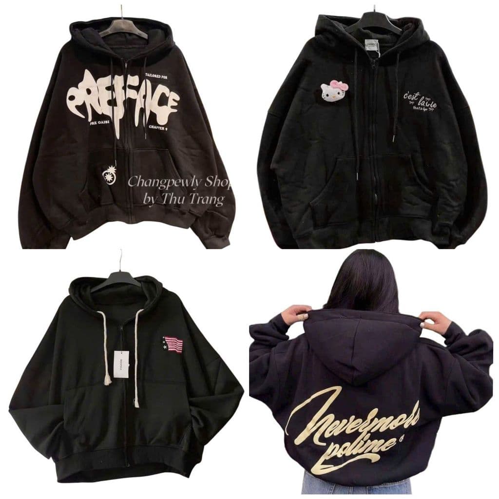 Tổng hợp Áo khoác hoodie nữ chất liệu nỉ form rộng MÀU ĐEN có khoá kéo -thoitrangHSS