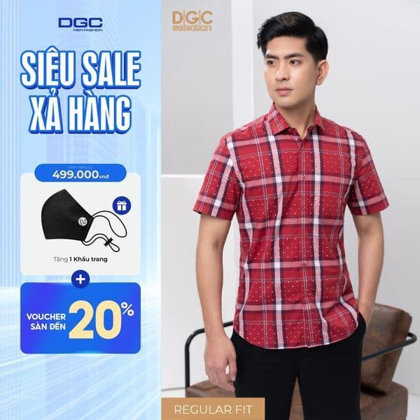 Áo Sơ Mi Nam Ngắn Tay DGC Dáng suông Regular, Họa Tiết Kẻ Caro Chất Vải Cao Cấp Thoáng Mát-SASNBC21M