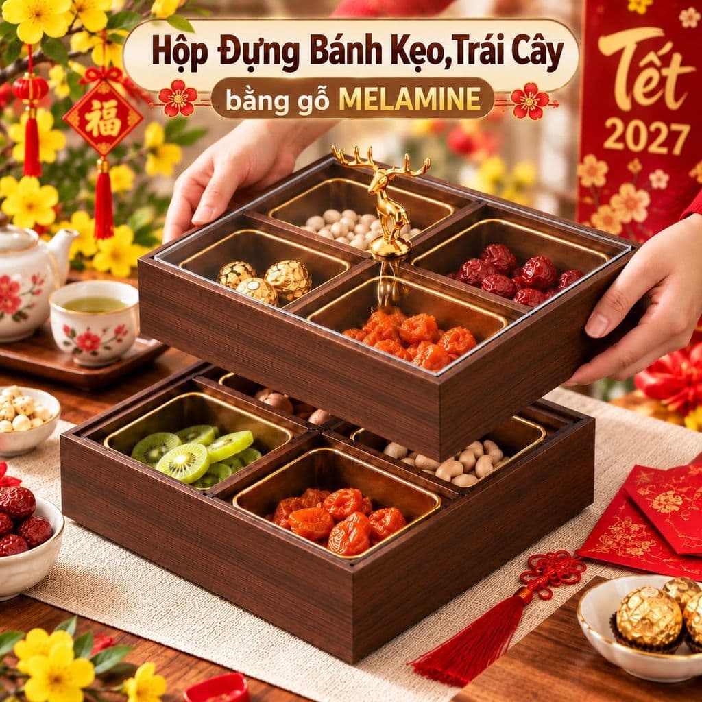 Khay đựng bánh kẹo nhiều ngăn đa năng, gỗ Melamine màu Óc Chó Hộp Đựng Mứt Tết Bánh Kẹo 6 Ngăn Kèm 6 Hũ Nhựa Viền Vàng