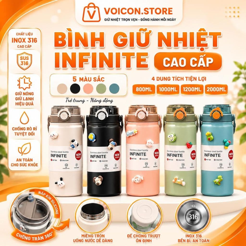 Bình giữ nhiệt BOSS 1000ml,ly giữ nhiệt có ống hút, lõi inox 316 cao cấp, giữ nhiệt 12-24H không đổ mồ hôi VOICON-LA22