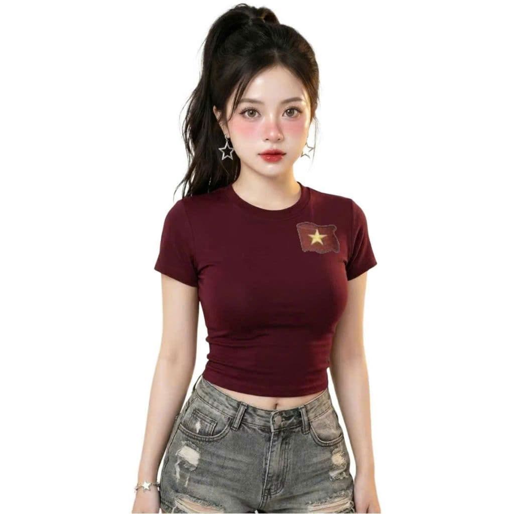 Size free 28-45KG Áo thun nữ CROPTOP co giãn họa tiết - cờ  LOGGO VN
